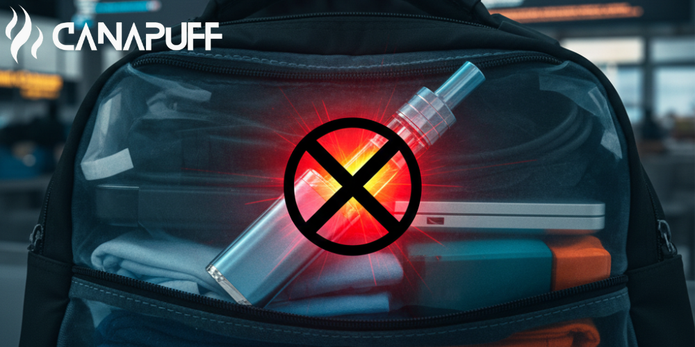 Canapuff vape zariadenia v cestovnej taške so symbolom zákazu