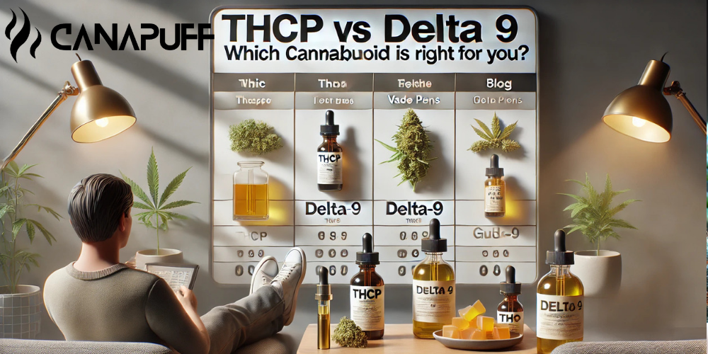 Canapuff porovnávacia infografika THCP a Delta 9 kanabinoidových produktov s tinktúrami, olejmi a cannabis kvetom