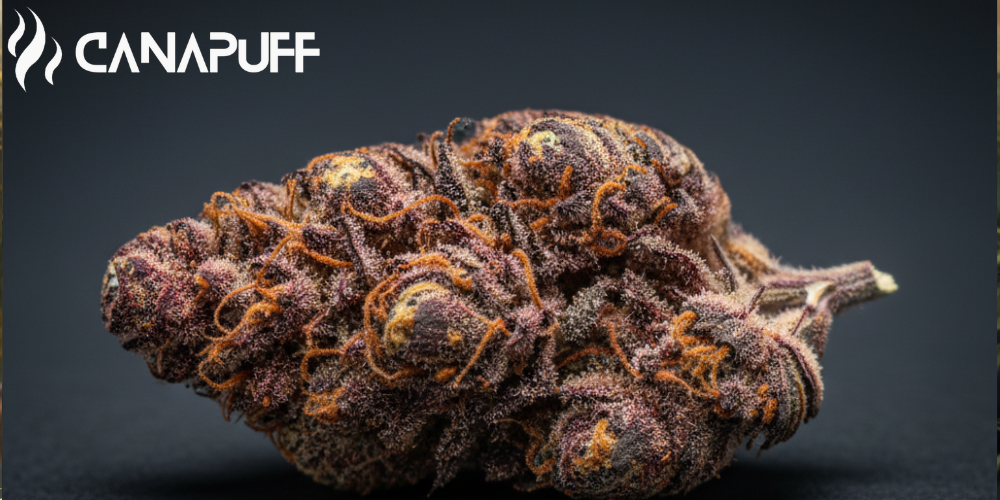 Canapuff Red Dragon cannabisový kvet s hustým pokrytím trichómami na tmavom pozadí