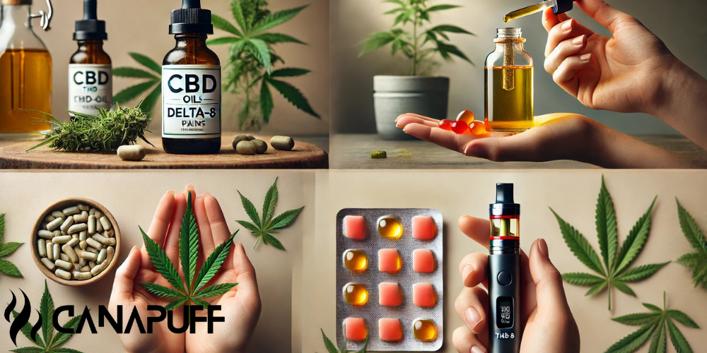Koláž s fľaštičkami CBD oleja, Delta-8 gumíkmi, kanabisovými kapsulami, vape perom a logom Canapuff s konopnými listami