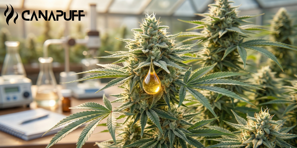 Rastlina cannabis so zlatou kvapkou oleja v laboratórnom prostredí so značkou Canapuff