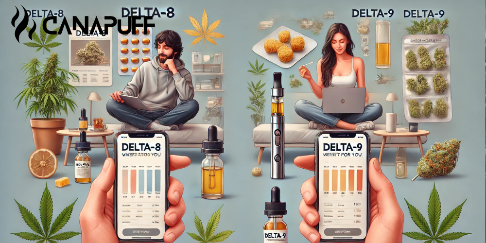 Ilustrácia porovnávajúca Delta-8 a Delta-9 kanabinoidové produkty s lifestylovými scénami, gumíkmi, kvetmi a vape možnosťami