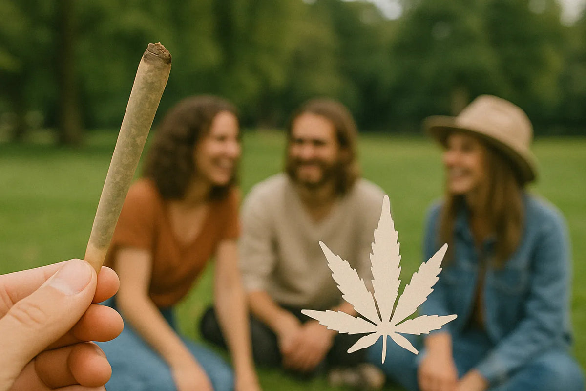 Ruka držiaca cannabis joint pred skupinou priateľov sediacich na tráve v parku