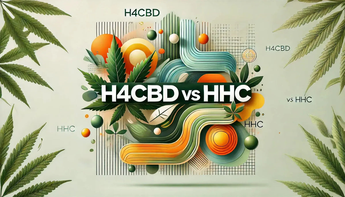 Titulný obrázok blogu s názvom ‘H4CBD vs HHC’ s abstraktnými motívmi v zelených tónoch pre H4CBD a dynamických oranžovo-žltých tónoch pre HHC, ktoré zdôrazňujú ich kontrast.