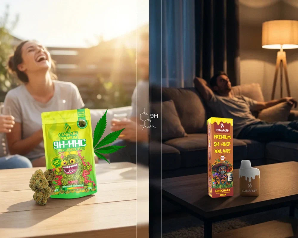 Produkty Canapuff 9H-HHC a 9H-HHCP v exteriérových a interiérových lifestyle scénach