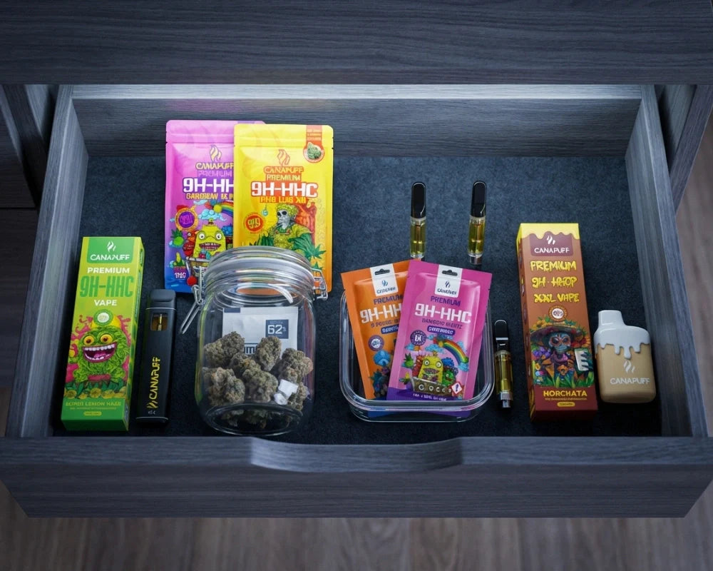 Produkty Canapuff 9H-HHC vystavené v šuplíku: vapy, vrecká, dóza s kvetmi, kazety a jednorazovky
