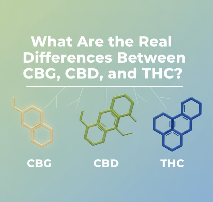 Ilustrácia molekulárnych štruktúr CBG, CBD a THC na farebnom prechodovom pozadí