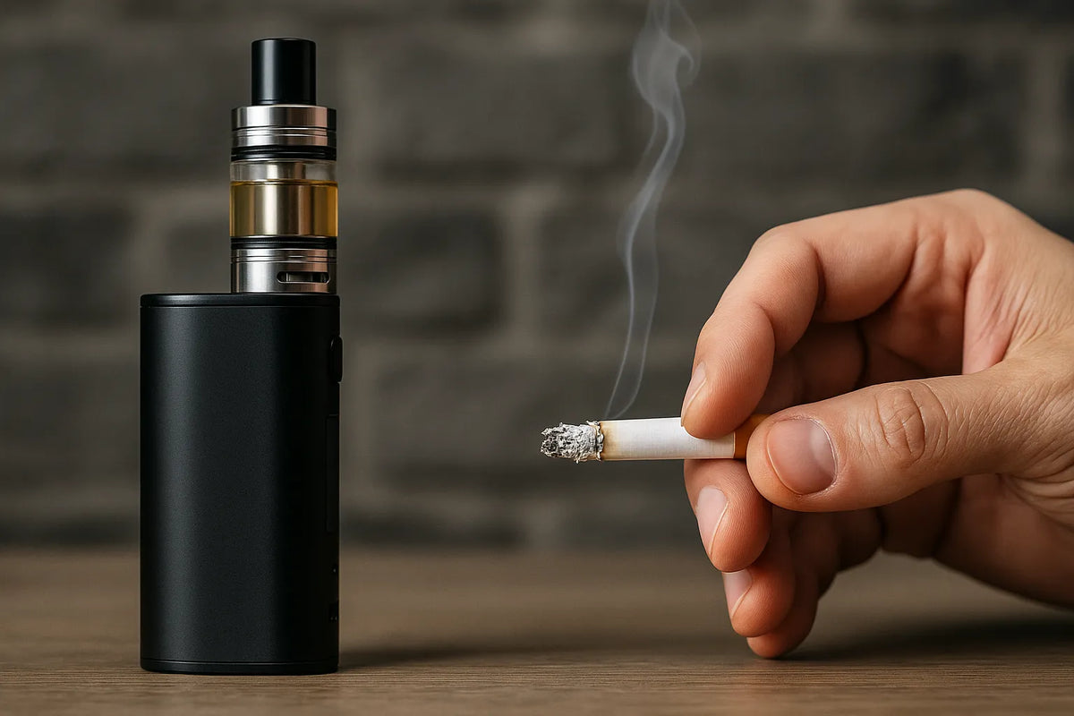 Obrázok vedľa seba: vape zariadenie a ruka držiaca zapálenú cigaretu na drevenom stole