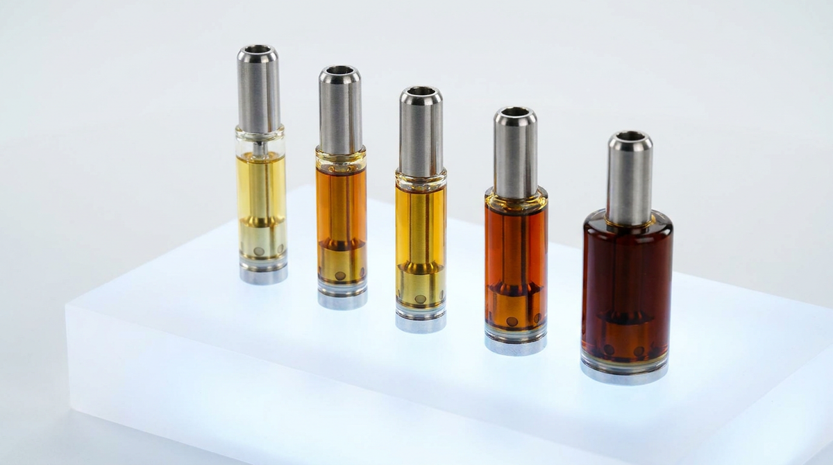 THCv, CBD a CBG9 vape kazety s jantárovým olejom na matnom bielom povrchu