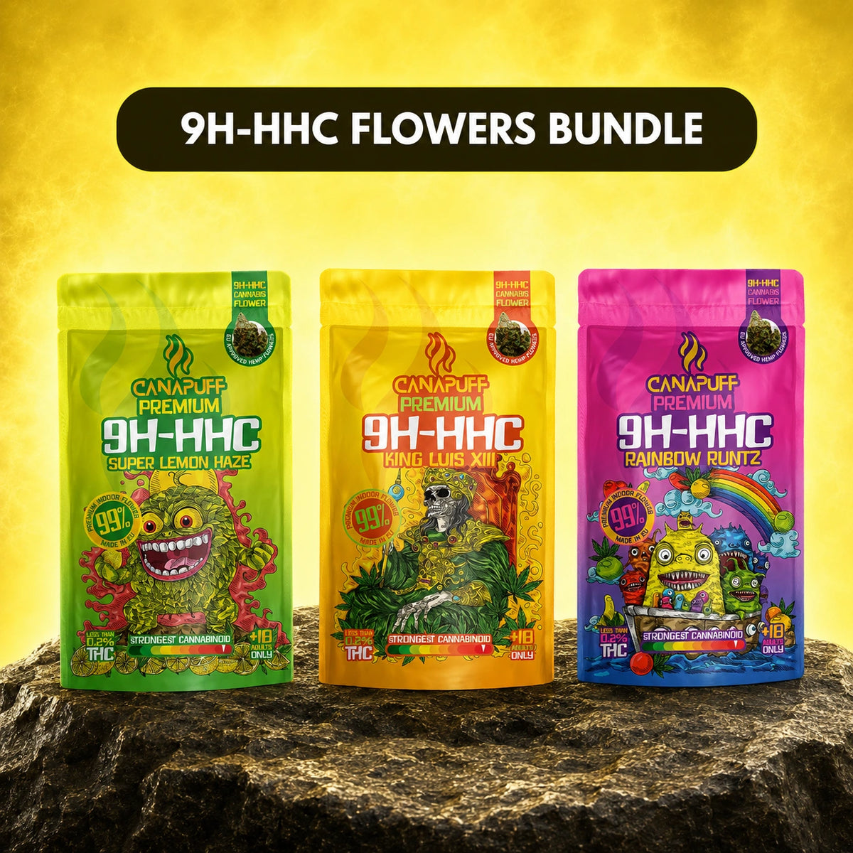 Canapuff 9H-HHC Kvety Bundle so sáčkami Super Lemon Haze, King Luis XIII a Rainbow Runtz