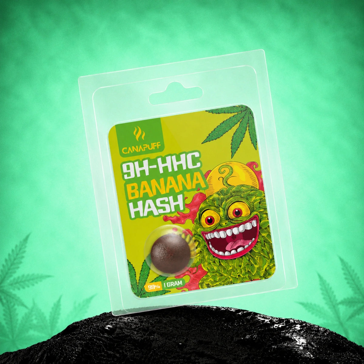 Canapuff 9H-HHC Hash Banana 99%, 1 gram v priehľadnom blistri so zeleným listovým dizajnom