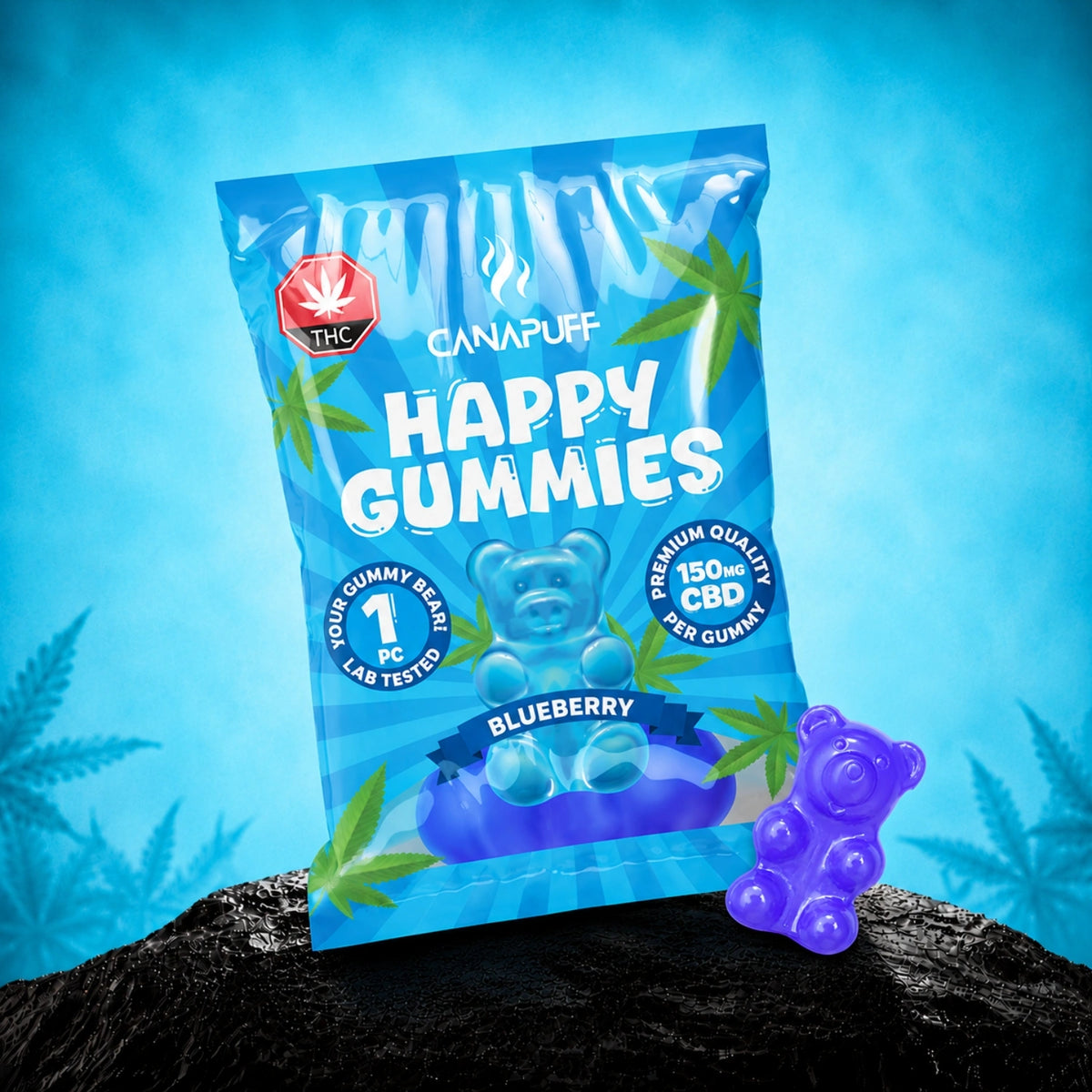 Canapuff CBD gumíky Blueberry, 150mg CBD v každom gumíku, vrecko kyslých gumových medvedíkov
