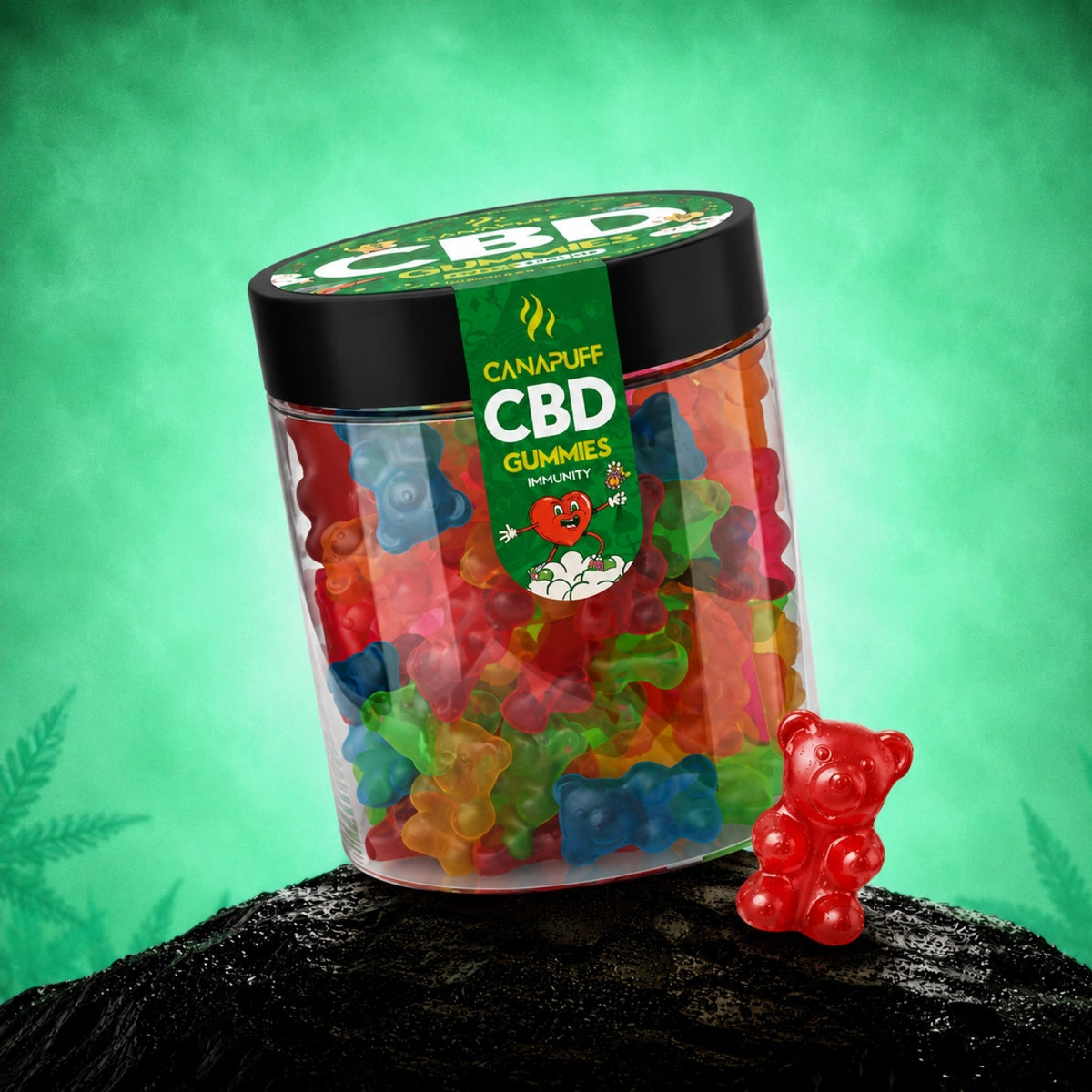 Canapuff CBD Gumíky Immunity, dóza s farebnými gumovými medvedíkmi