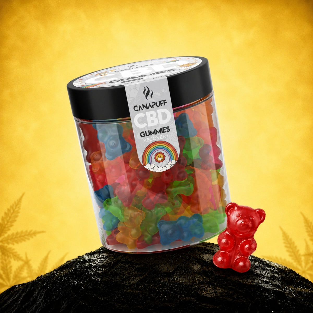 Canapuff CBD Gumíky Recovery, farebné gumové medvedíky v priehľadnej dóze s čiernym viečkom