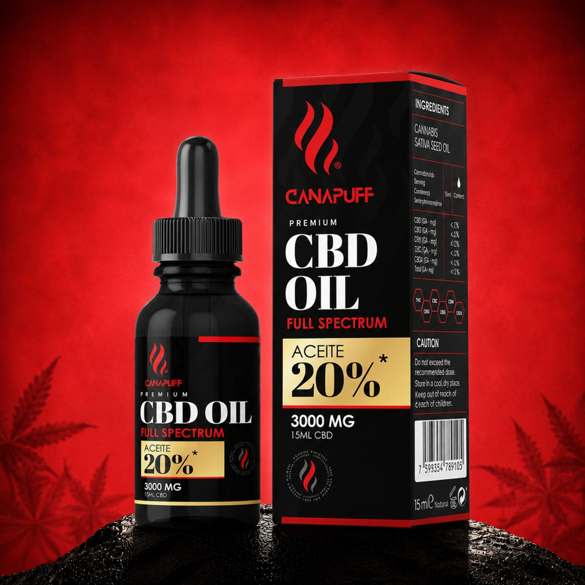 Canapuff CBD olej Full Spectrum 3000 mg 15 ml fľaštička s kvapkadlom a krabičkou