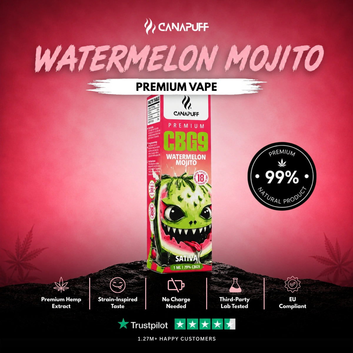 CBG9 Vape Watermelon Mojito 79% 1ml – jednorazové vape pero, foto 2