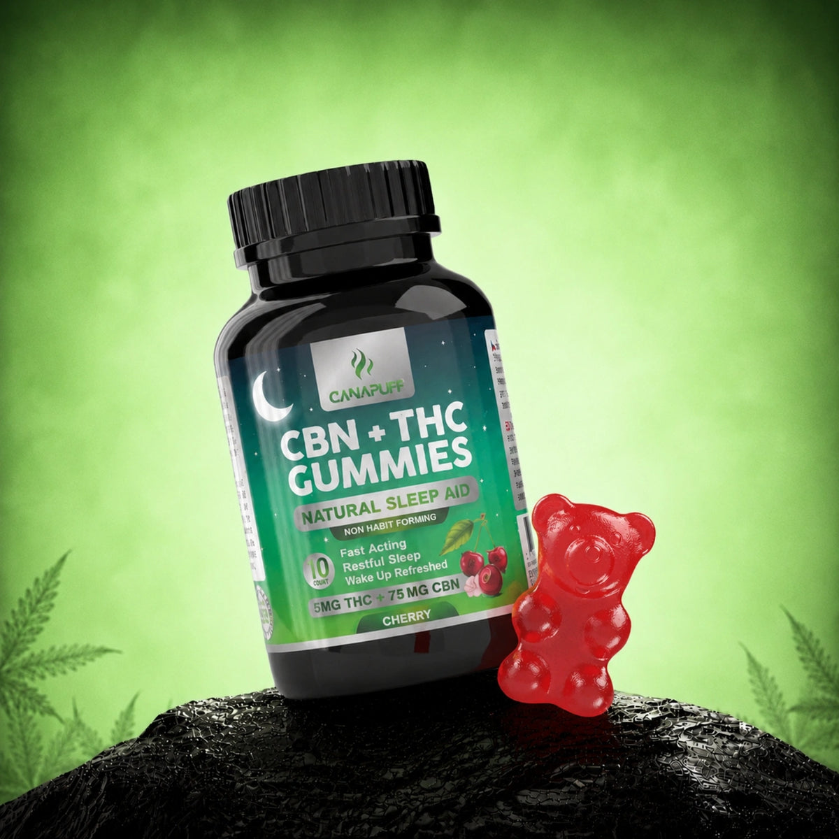 Canapuff CBN + THC Gumíky Cherry, 5 mg THC a 75 mg CBN v jednom gumíku