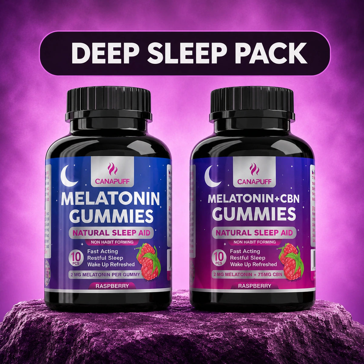 Canapuff Deep Sleep balíček s gumíkmi Melatonin a Melatonin+CBN, malinová príchuť, po 10 kusov