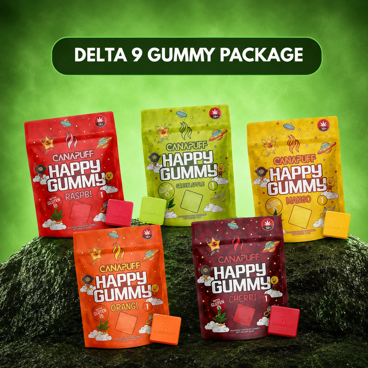 Canapuff Happy Gummy Delta-9 THC gumíky, balenie piatich príchutí, po 5 kusov