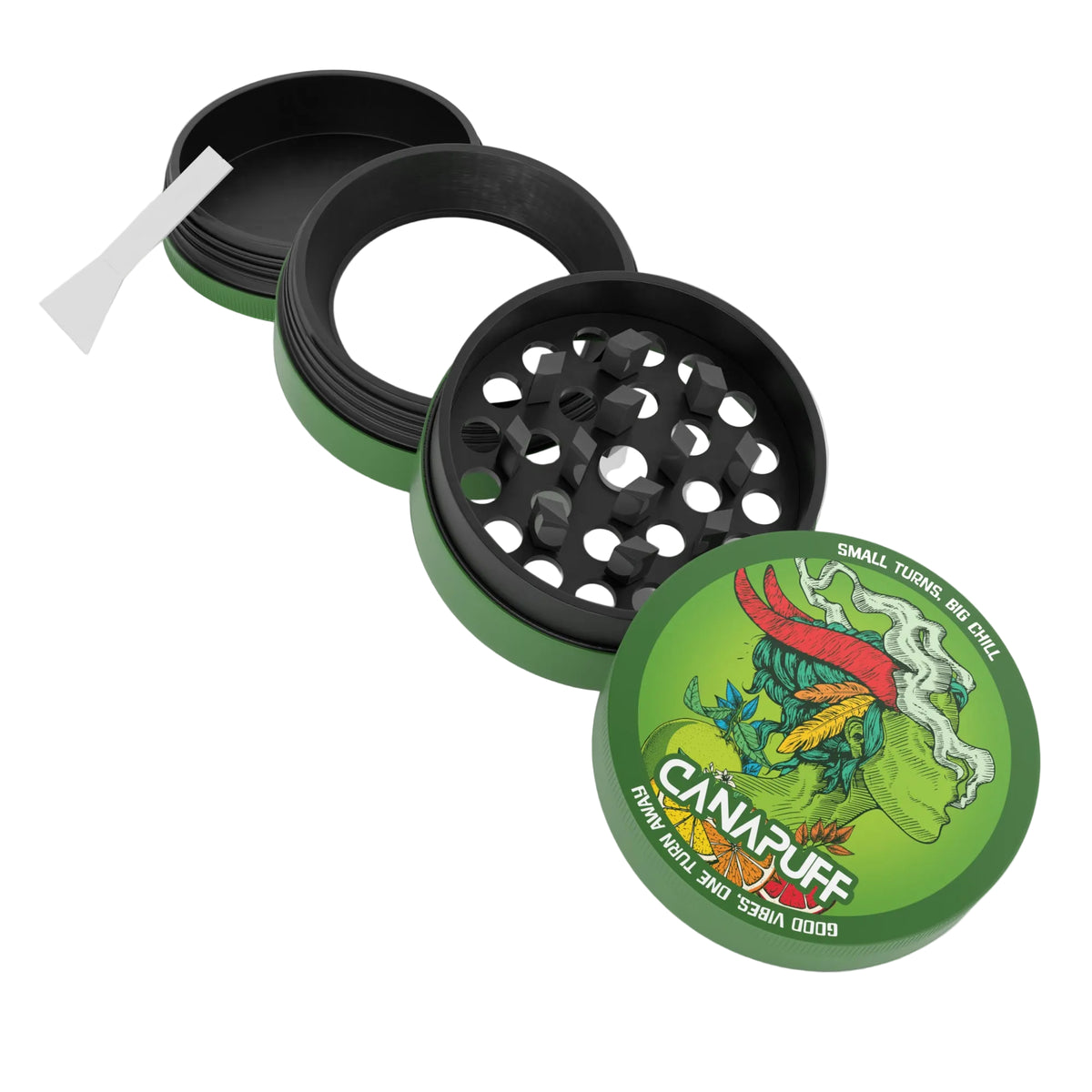 Canapuff kovový grinder Green Crack, zeleno-čierny grinder na bylinky so zachytávačom kiefu