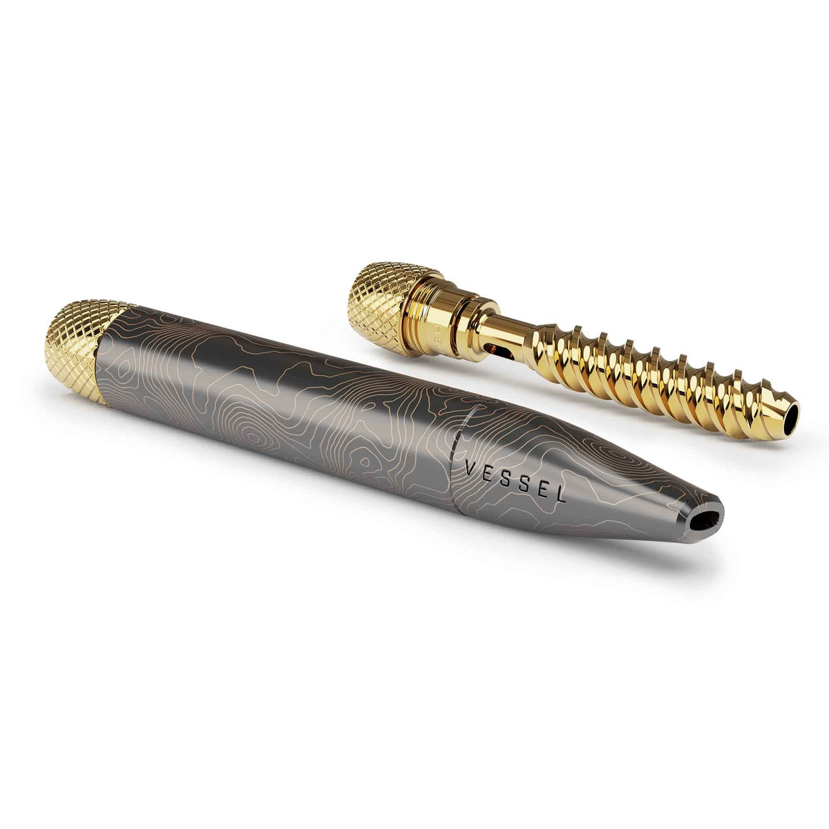 Vessel One Hitter pero v odtieni gunmetal so zlatým viečkom a kazetou