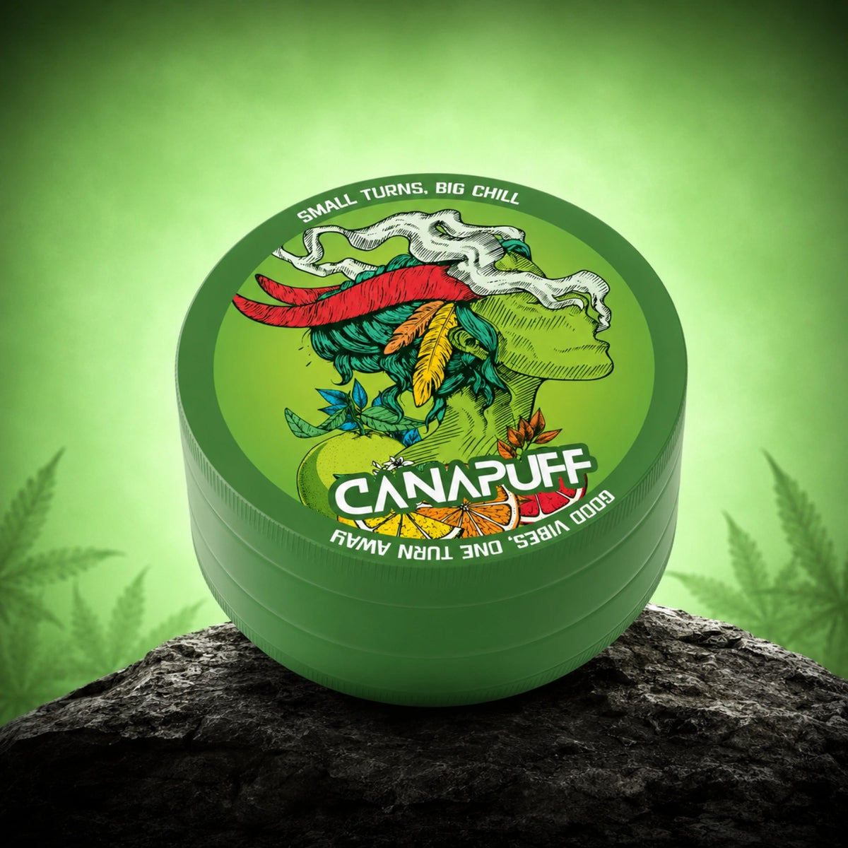 Canapuff Metal Grinder Green Crack drvička na byliny s farebným maskotom