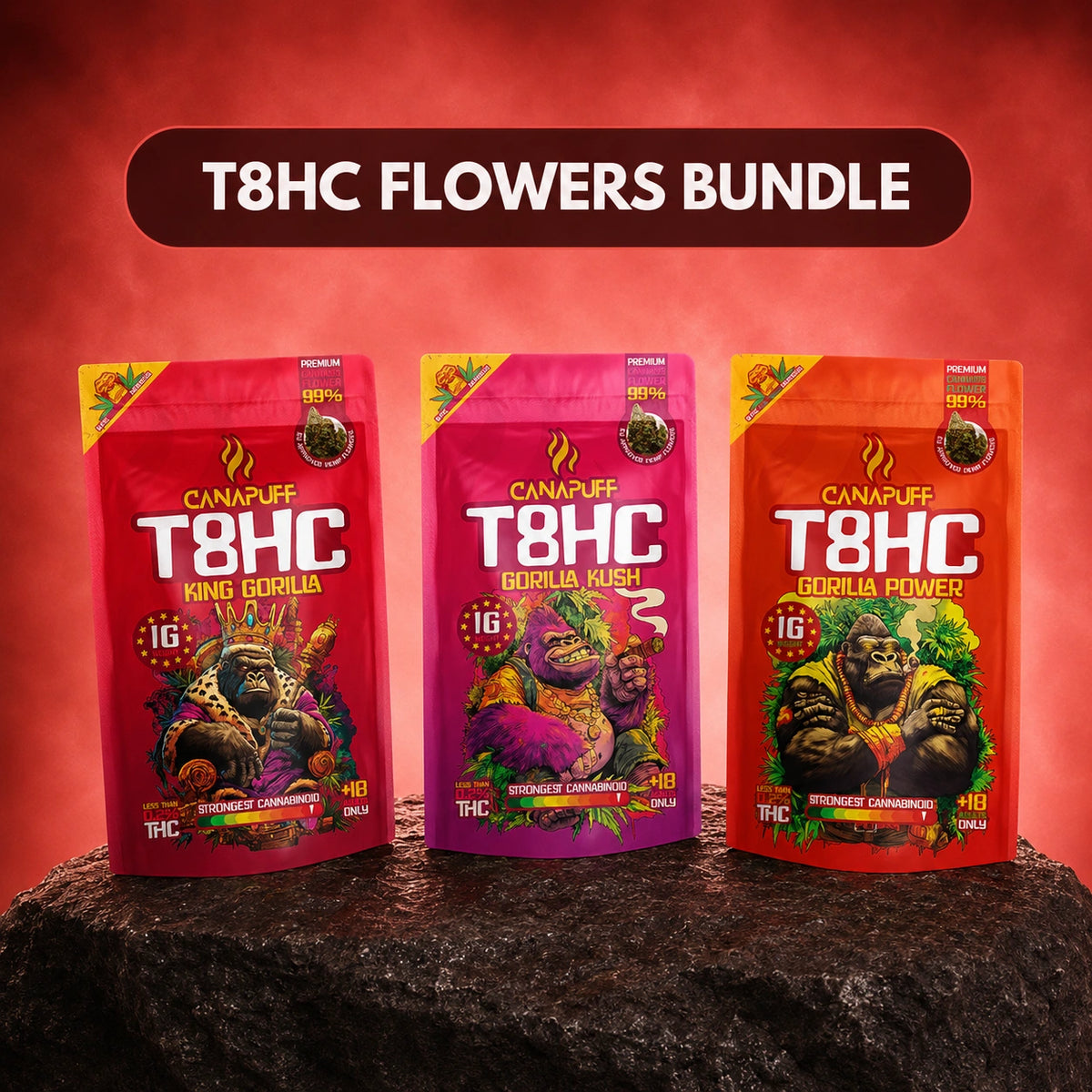 Canapuff T8HC Kvety Bundle s odrodami King Gorilla, Gorilla Kush a Gorilla Power, 3 vrecká