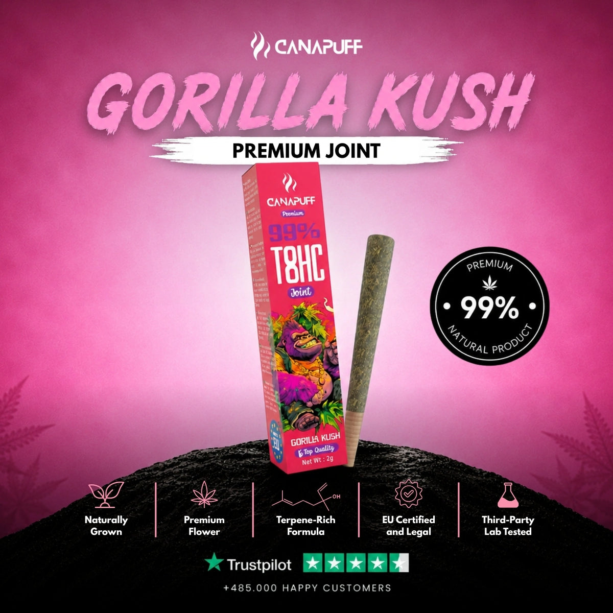 T8HC Joint Gorilla Kush 99% 2g – predrolovaný joint, foto 2