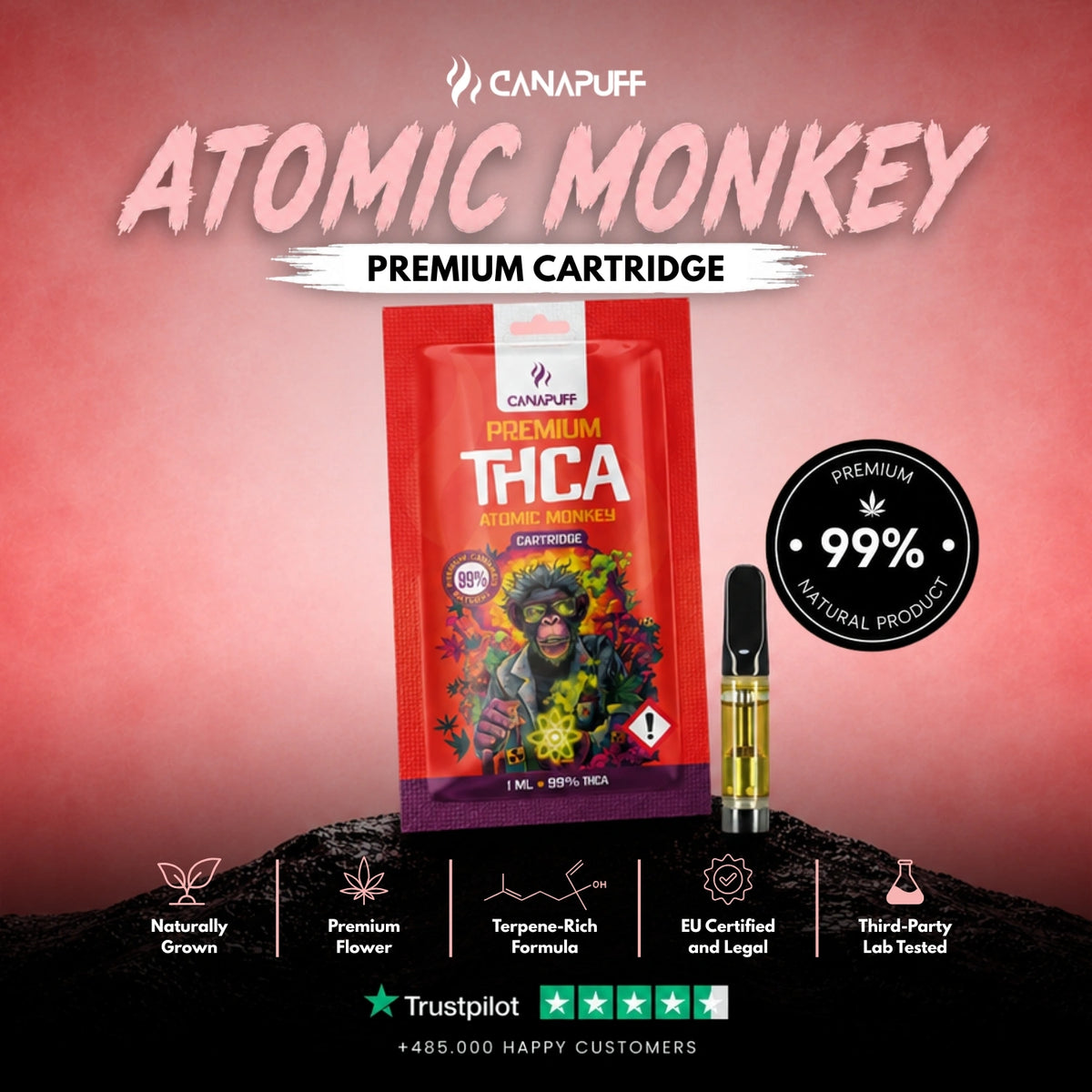 THCA Kazeta Atomic Monkey 99% – vape kazeta, foto 2