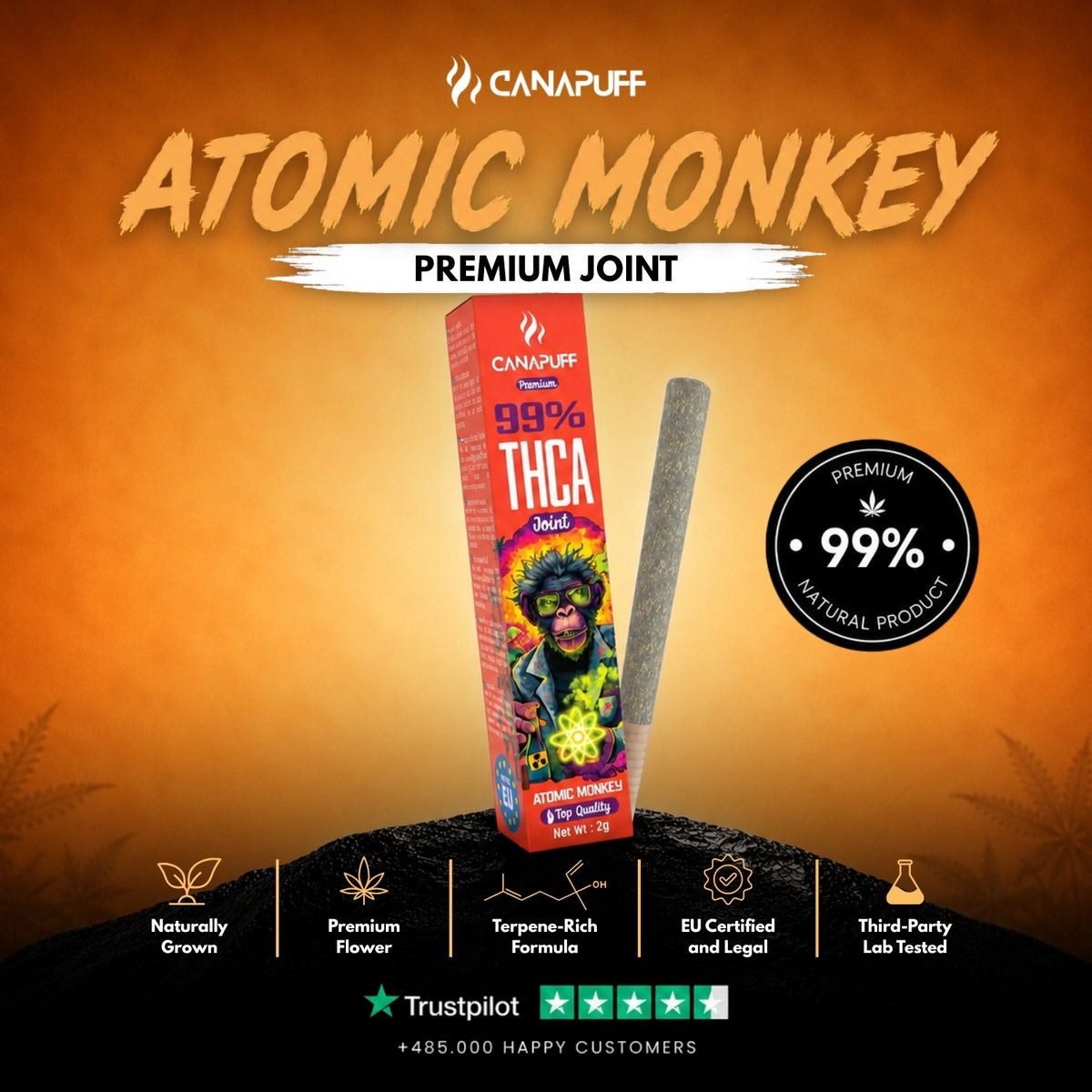 THCA Joint Atomic Monkey 99% 2g – predbalený joint, foto 2