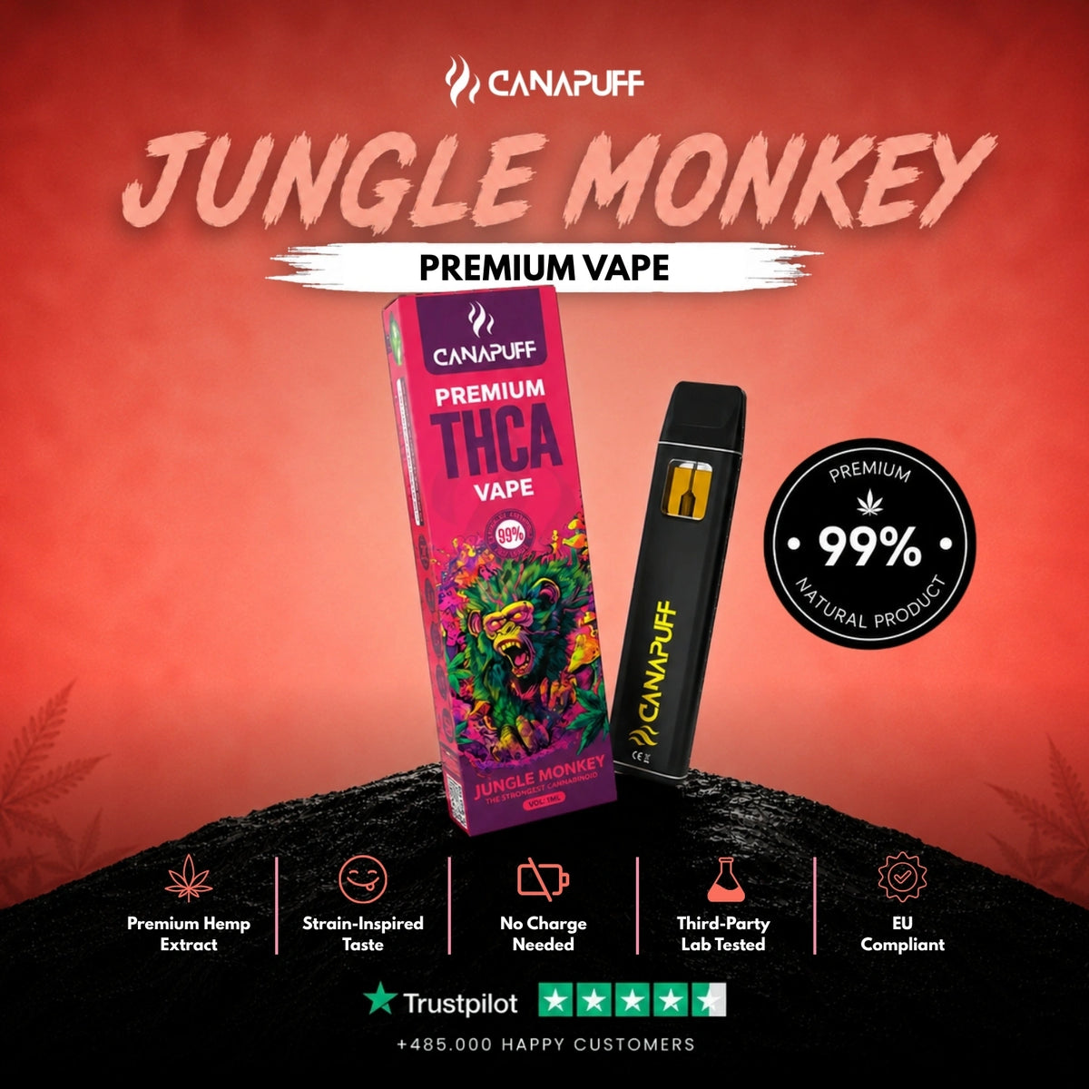 THCA Vape Jungle Monkey 99% 1ml – jednorazový vape pen, foto 2