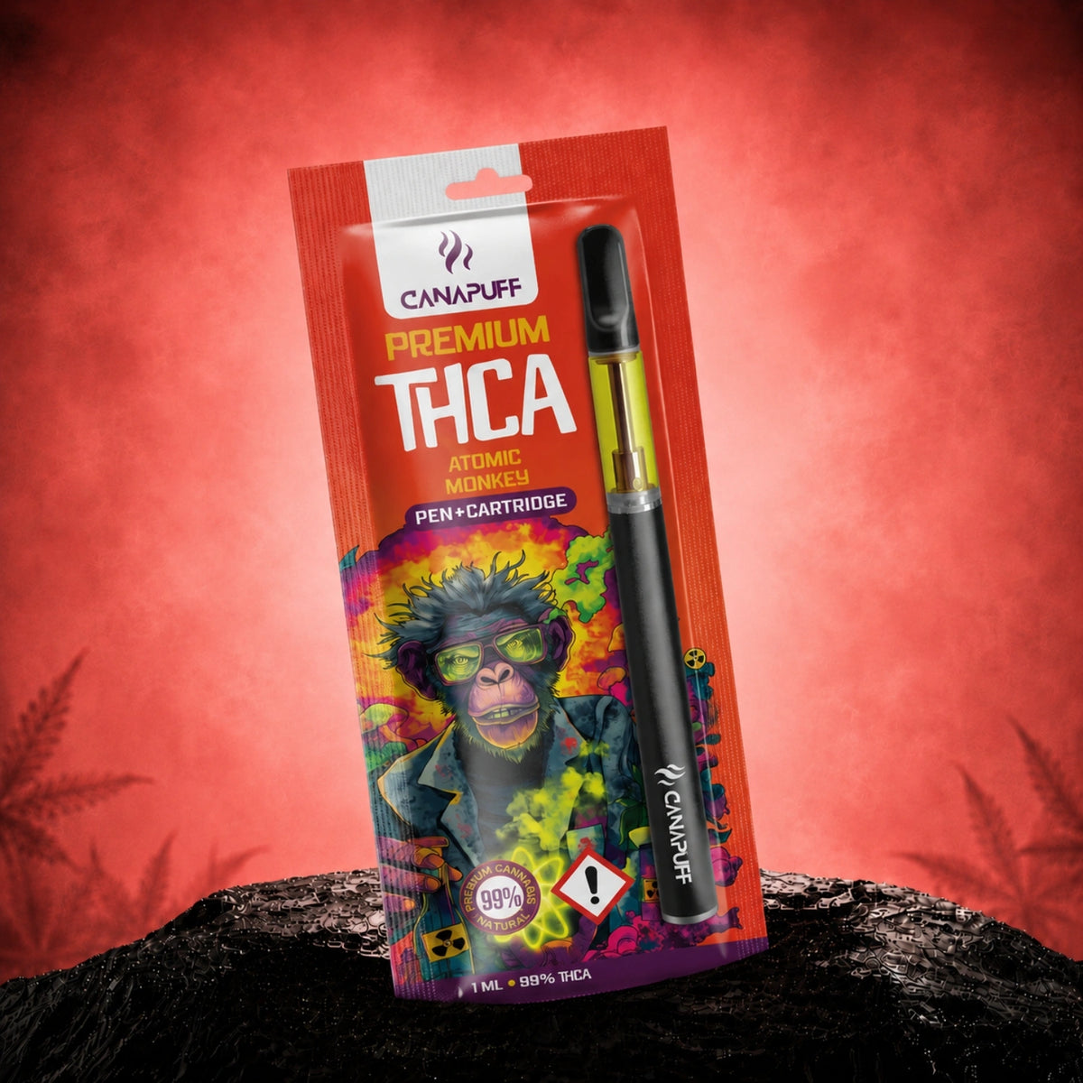 Canapuff THCA Atomic Monkey 99% pero a kazeta, 1ml v červenom balení