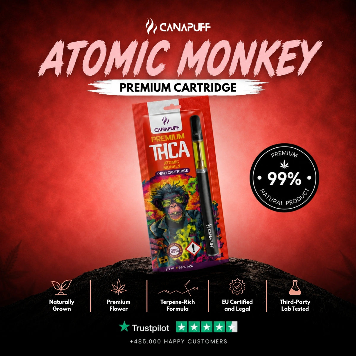 THCA Pen+Kazeta Atomic Monkey 99% – vape pero s kazetou, foto 2