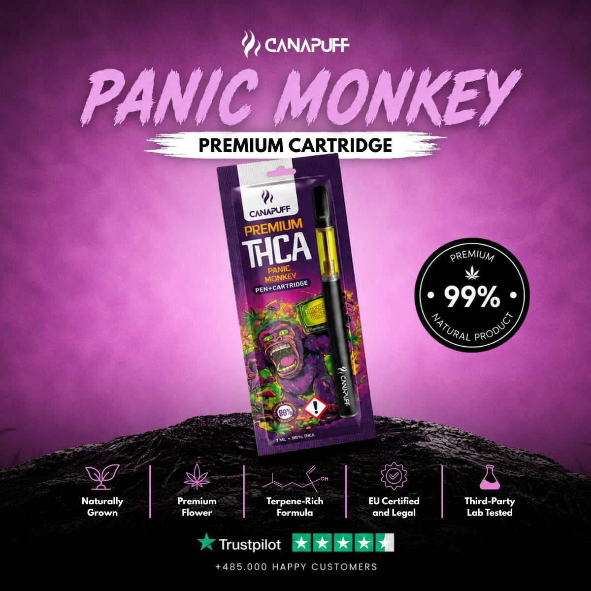 THCA Pen+Kazeta Panic Monkey 99% – vape pen s kazetou, foto 2