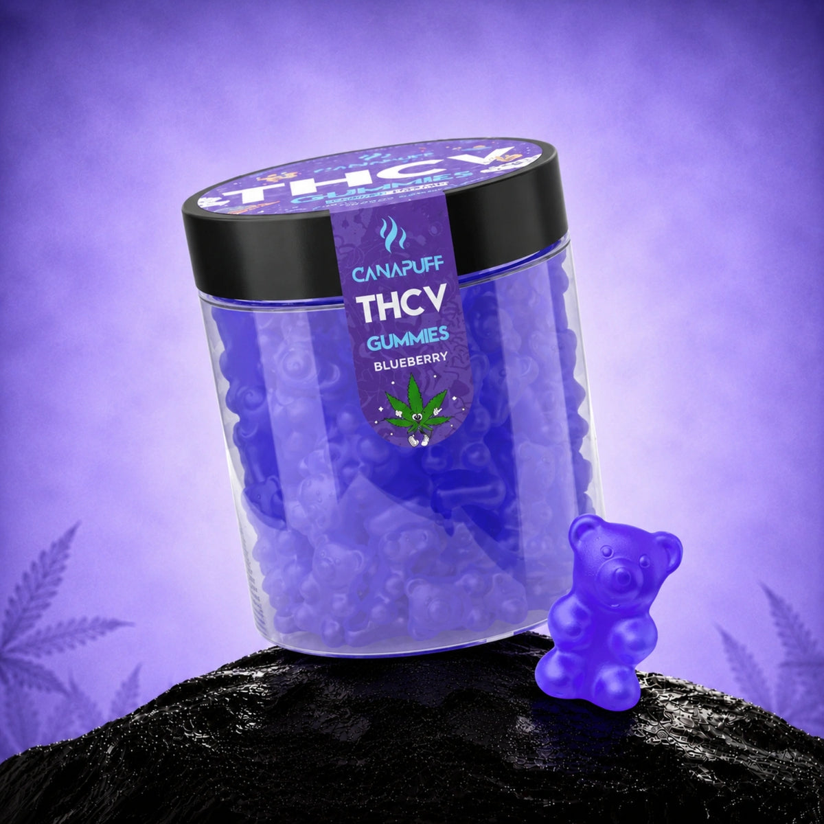 Canapuff THCv gumíky Blueberry v priehľadnej dóze s čiernym viečkom a fialovými gumovými medvedíkmi