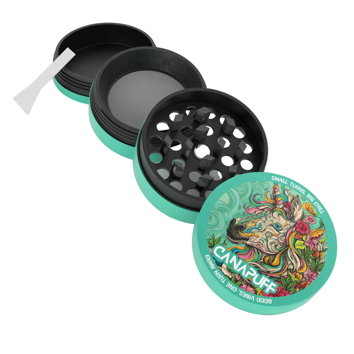 Canapuff kovový grinder Unicorn Piss, malý tyrkysový s čiernou mlecou komorou