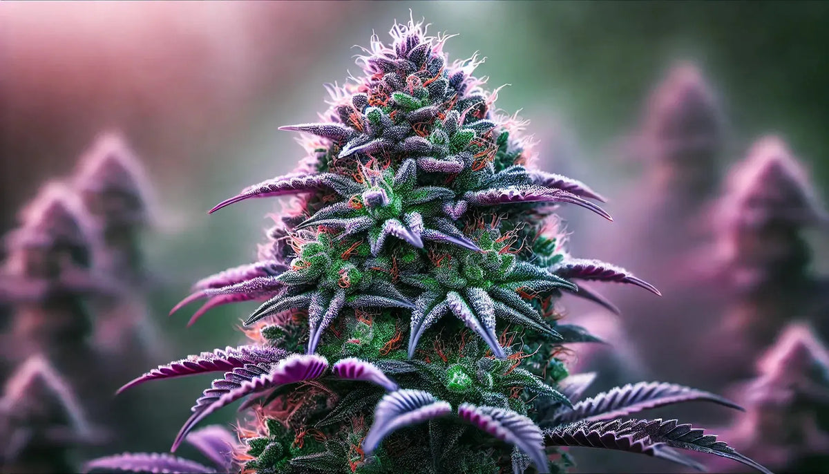Purple Cookie Kush v plnej kráse: žiarivé fialovo-zelené buds poprášené mrazivými trichómami na snovom prírodnom pozadí. Dokonalé predstavenie tejto úžasnej odrody.