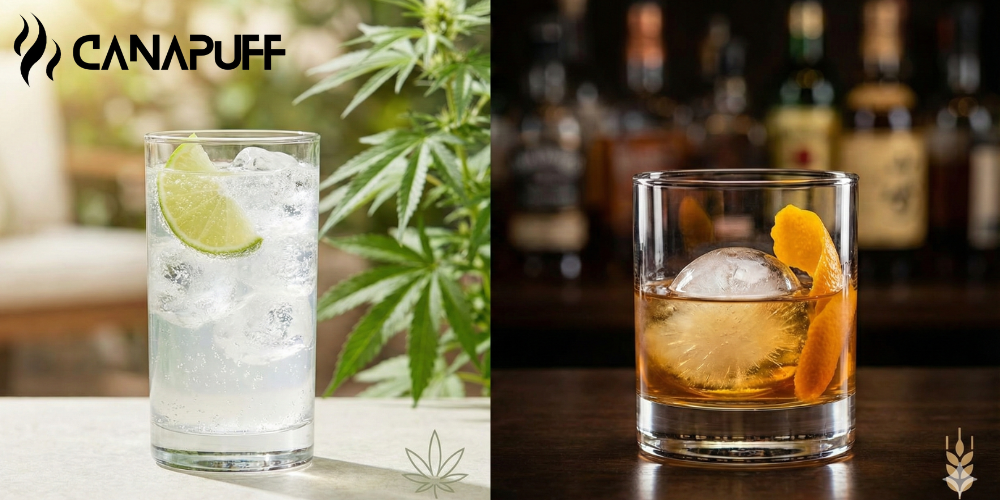 Logo Canapuff s dvoma koktailmi: číry drink ozdobený limetkou a jantárový destilát s ľadom, v pozadí viditeľná rastlina cannabis