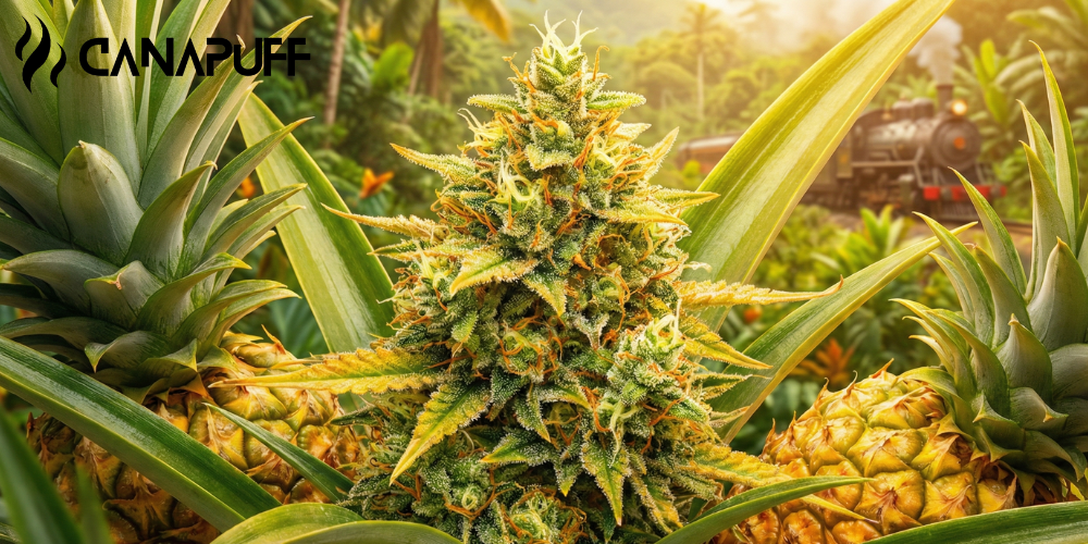 Odroda Pineapple Express kvitne medzi ananásovníkmi v tropickej záhrade