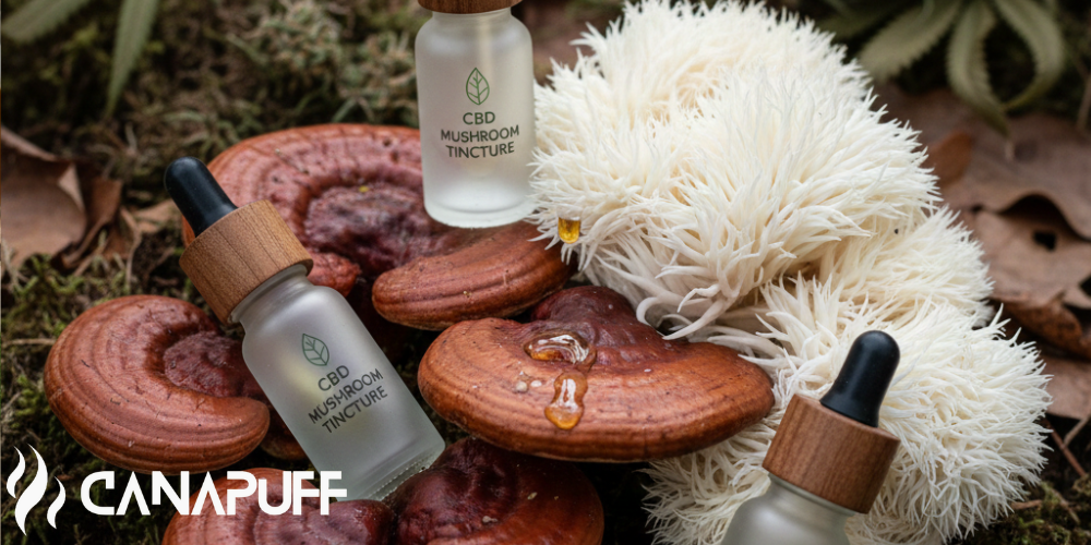 Fľaštičky Canapuff CBD hubovej tinktúry obklopené hubami reishi a lion's mane