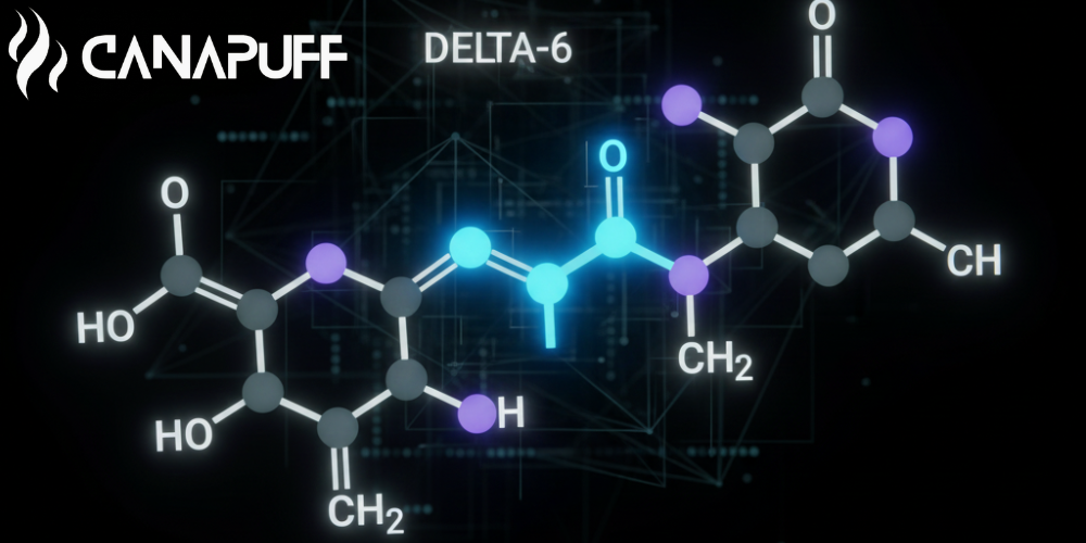 Logo Canapuff s ilustráciou molekulovej štruktúry Delta-6 na technologickom pozadí