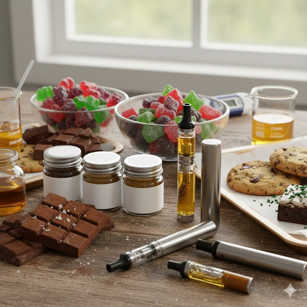 Lifestyle flat lay s vape perami, olejmi v pohároch, čokoládou, gumíkmi a cookies na drevenom povrchu