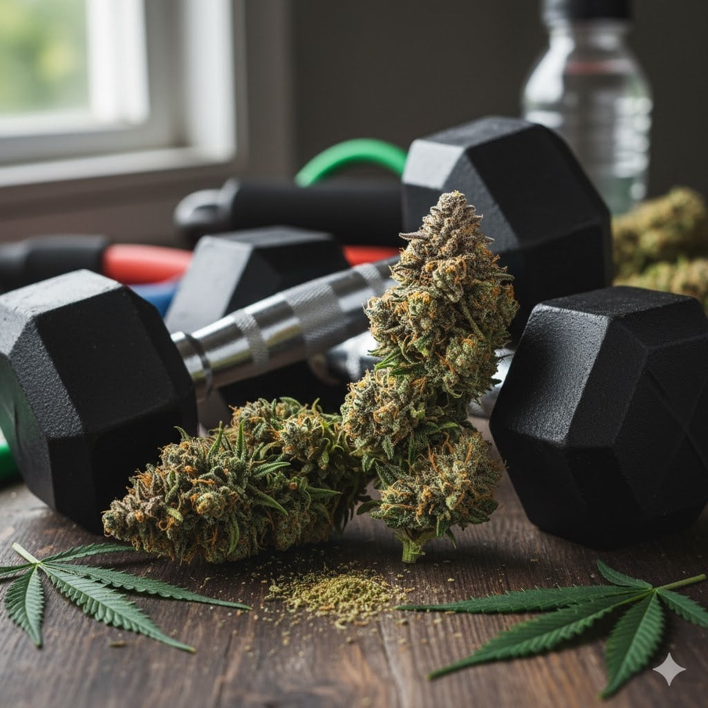 Budy cannabisu s činkami, vape perom a listami na drevenom povrchu