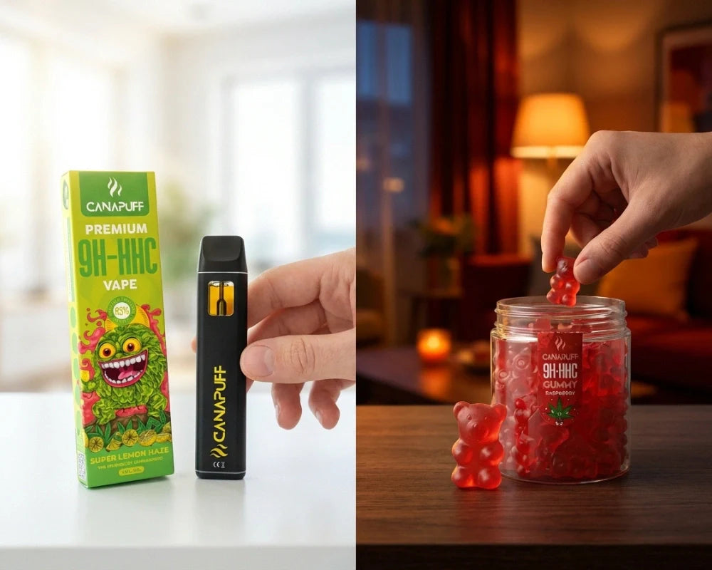 Canapuff 9H-HHC vape a gumíky vedľa seba v lifestylovom prostredí