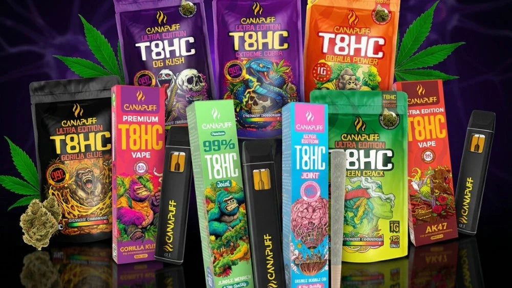Canapuff T8HC sortiment vrátane vrecúšok, vapes a jointov v rôznych príchutiach