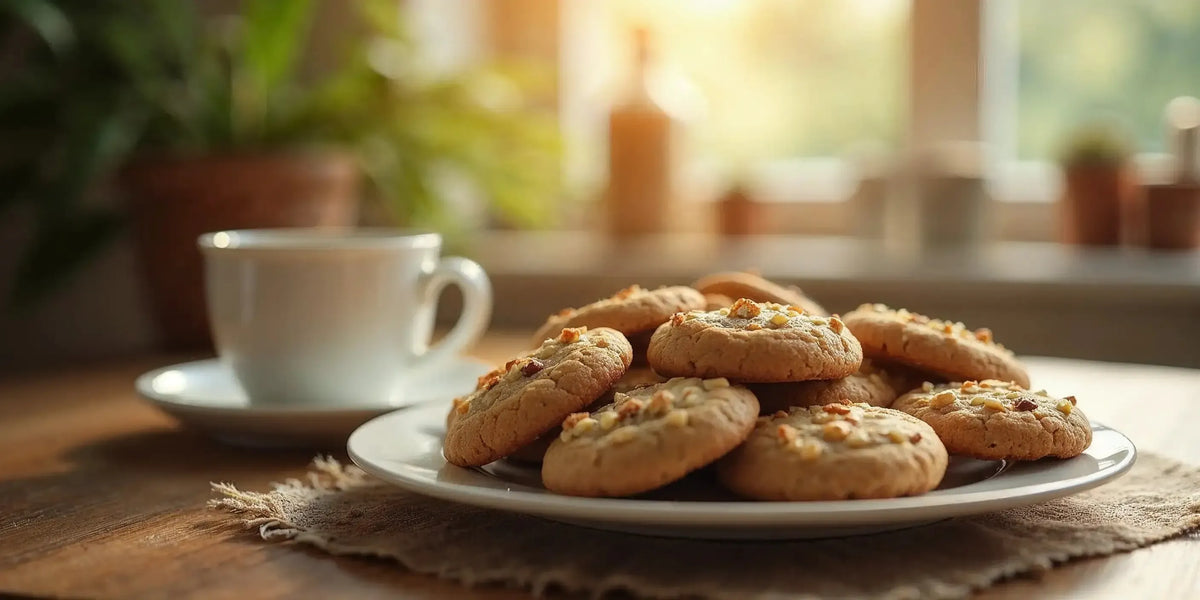 CBD cookies servírované na tanieri so šálkou kávy
