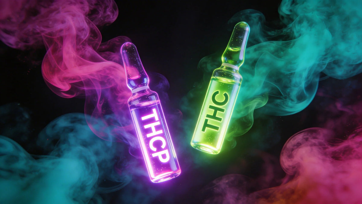Porovnanie THCP vs. THC — dve neónovo osvetlené liekovky ukazujúce rozdiel v sile medzi kanabinoidmi THCP a THC