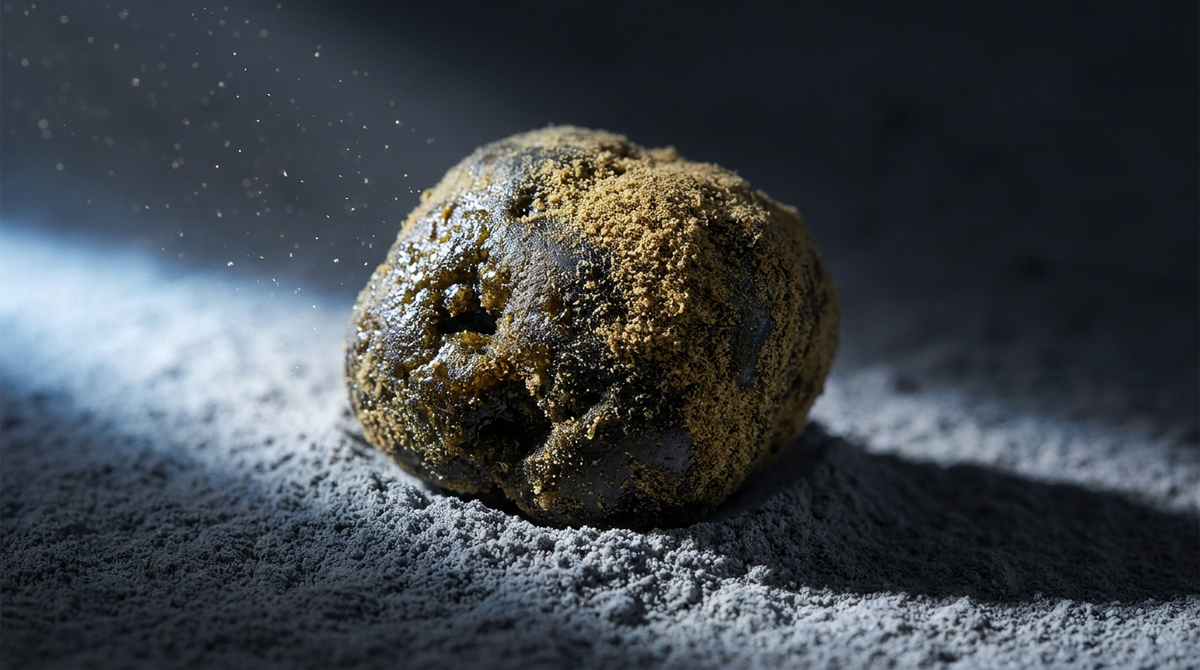 Kanabisový moon rock na lunárnom prachu s dramatickým bočným svetlom a vznášajúcimi sa časticami kiefu