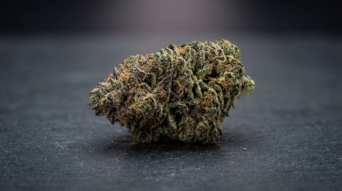 Kvet kanabisu Frosty Gorilla Zkittlez s tmavozelenými a fialovými odtieňmi na tmavom povrchu