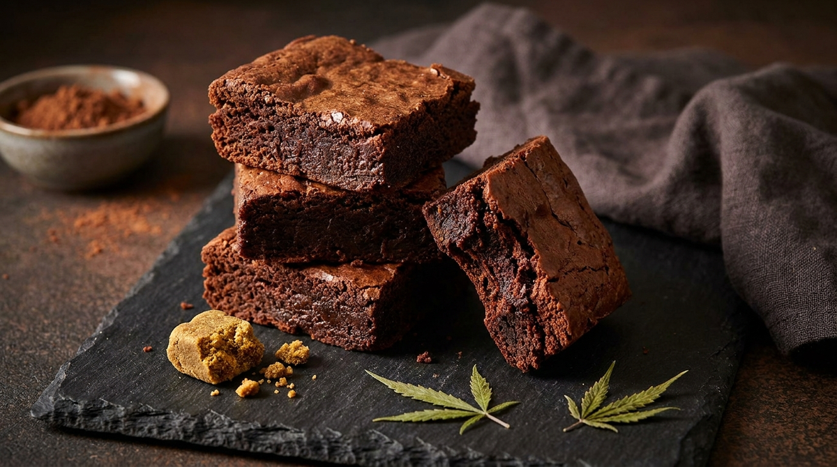 Kôpka vláčnych čokoládových hašišových brownies na bridlicovej doske s kúskom hašišu vedľa